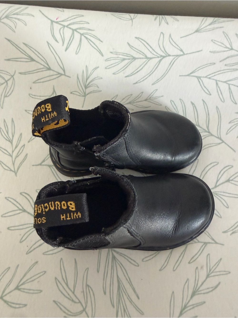 Dr. Martens Kids Black Leather Chelsea Boots with Yellow Pull-Loop